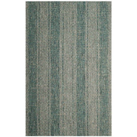 SAFAVIEH Courtyard Robert Striped Indoor/Outdoor Area Rug, 6'7" x 6'7" Round, Light Grey/Teal