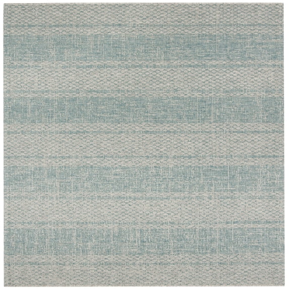 SAFAVIEH Courtyard Robert Striped Indoor/Outdoor Area Rug, 6'7" x 6'7" Square, Light Grey/Aqua