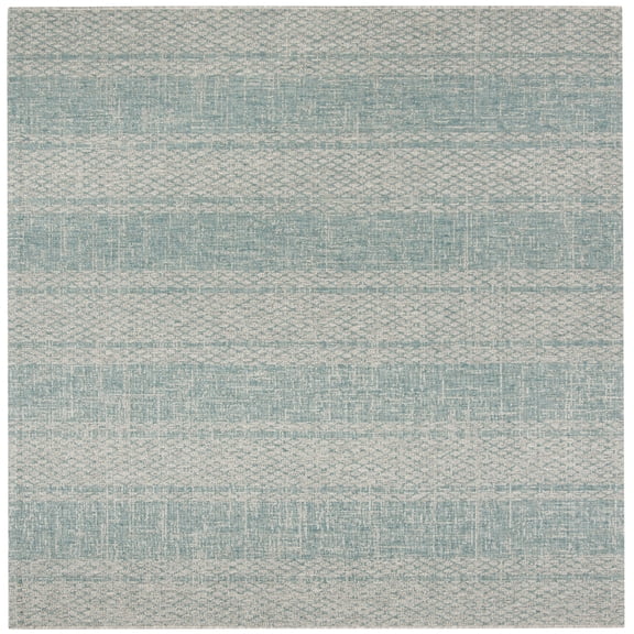 SAFAVIEH Courtyard Robert Striped Indoor/Outdoor Area Rug, 6'7" x 6'7" Square, Light Grey/Aqua