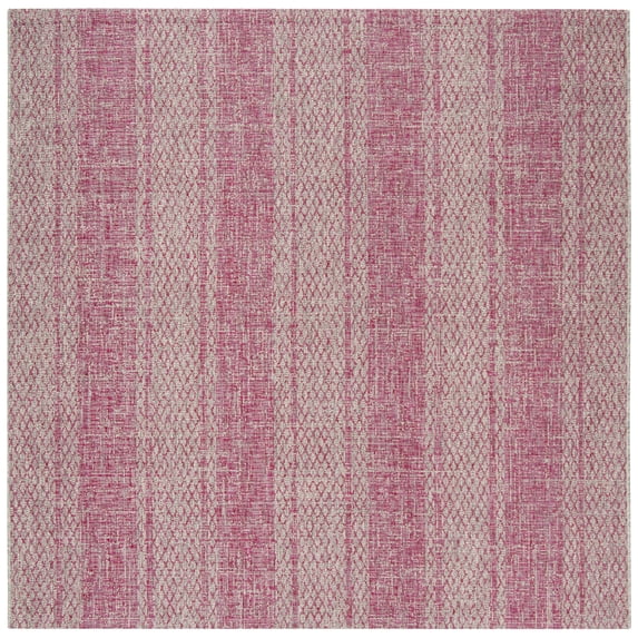 SAFAVIEH Courtyard Robert Striped Indoor/Outdoor Area Rug, 6'7" x 6'7" Square, Light Grey/Fuchsia