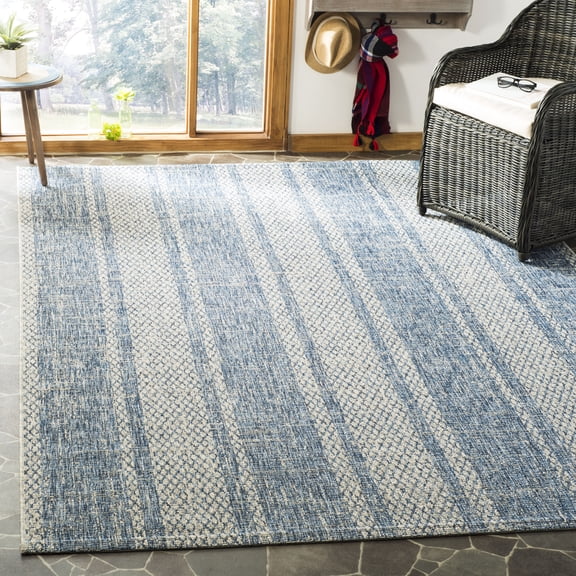SAFAVIEH Courtyard Robert Striped Indoor/Outdoor Area Rug, 8' x 11', Light Grey/Blue