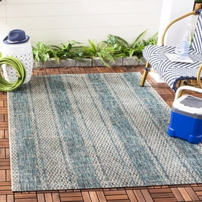 SAFAVIEH Courtyard Robert Striped Indoor/Outdoor Area Rug, Light Grey/Teal, 5'3" x 5'3" Square
