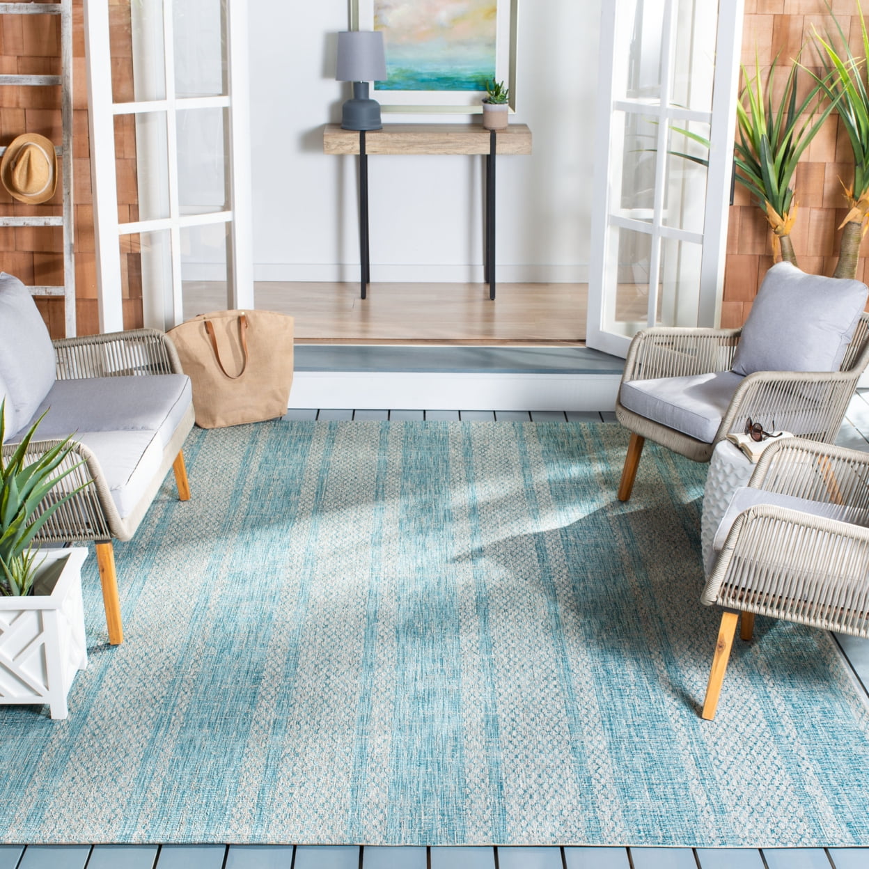 Reversible Light Grey/Aqua Synthetic 27" Indoor/Outdoor Runner