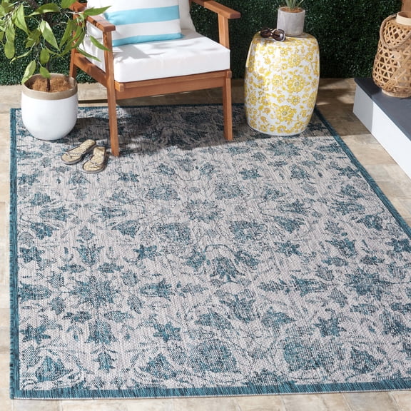 SAFAVIEH Courtyard Rodge Floral Indoor/Outdoor Area Rug, Grey/Blue, 5'3" x 7'7"