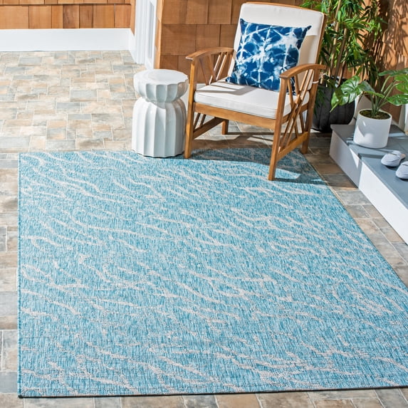 SAFAVIEH Courtyard Ruth Abstract Indoor/Outdoor Area Rug, Aqua/Grey, 5'5" x 7'7"