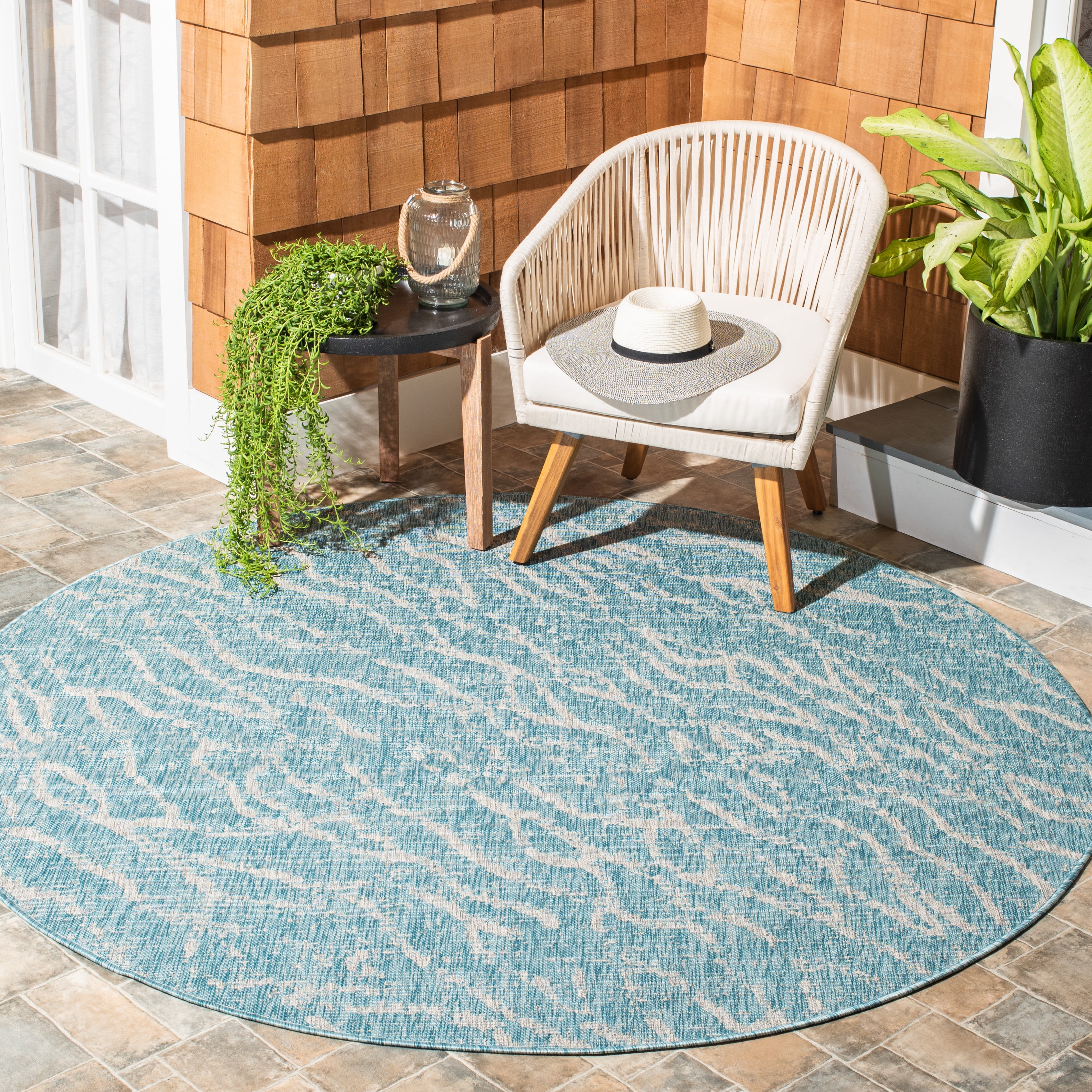 SAFAVIEH Courtyard Ruth Abstract Indoor/Outdoor Area Rug, Aqua/Grey, 6'7" x 6'7" Round