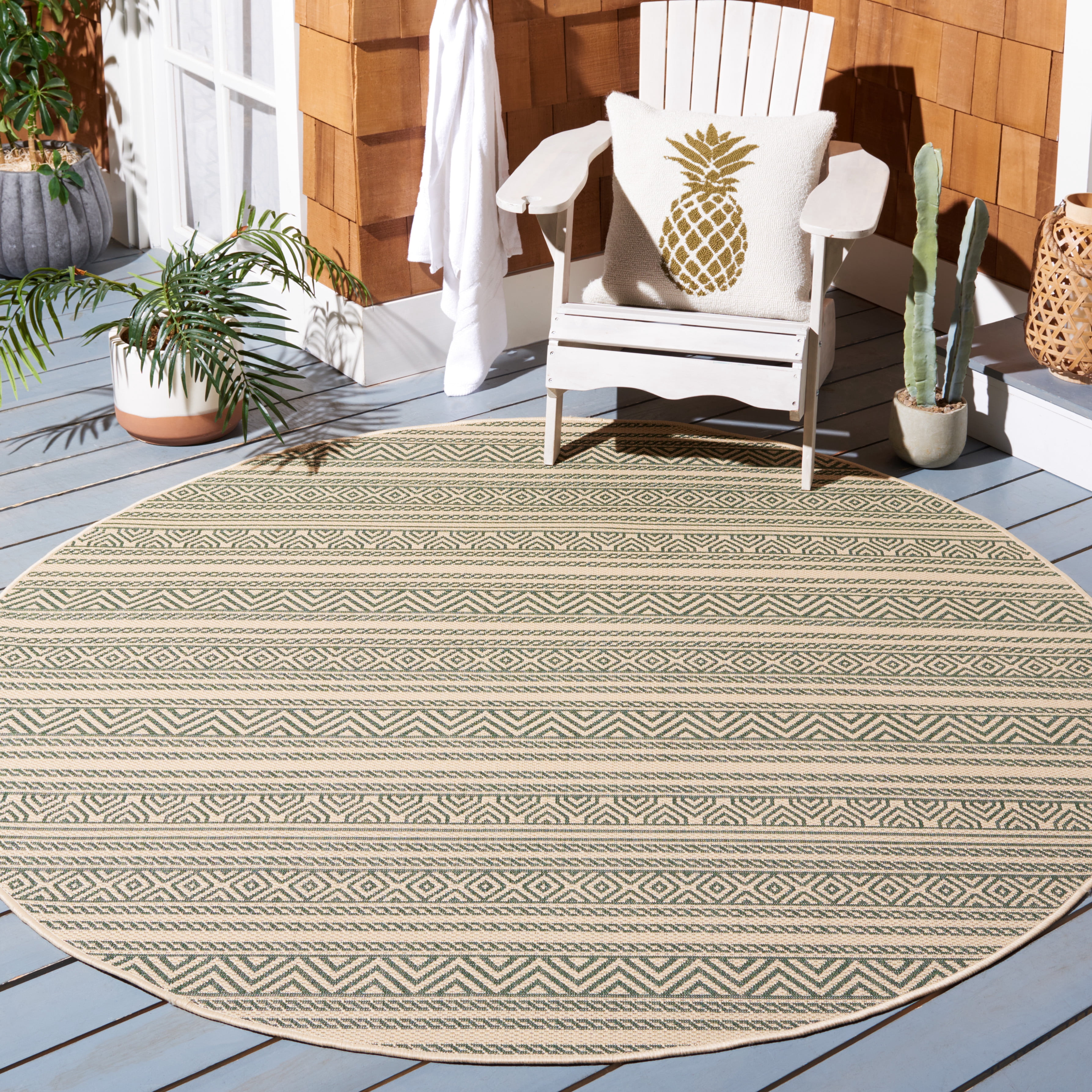Safavieh Courtyard Seanna Striped Indoor/Outdoor Area Rug, Beige/Dark Green, 6'7" x 6'7" Round