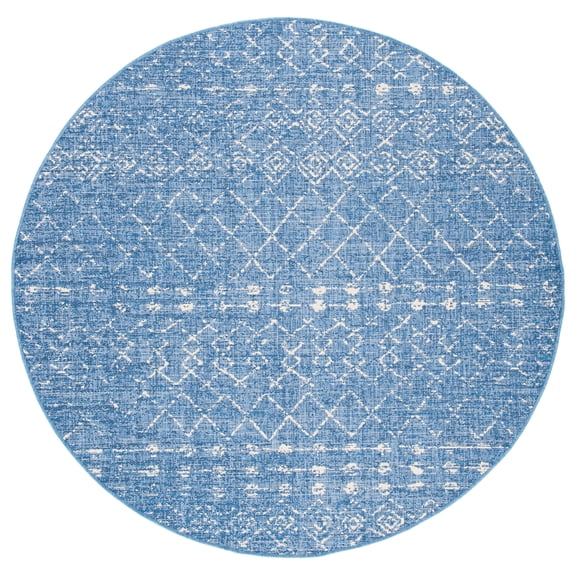 SAFAVIEH Courtyard Searlait Geometric Indoor/Outdoor Area Rug, Blue/Ivory, 6'7" x 6'7" Round