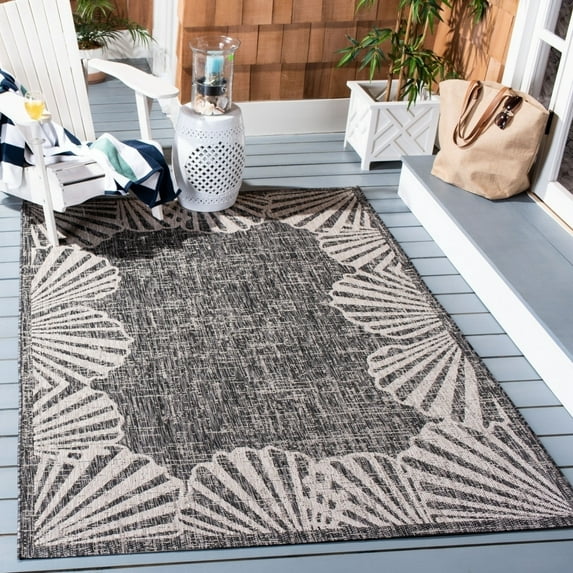 SAFAVIEH Courtyard Shedley Seashells Indoor/Outdoor Area Rug, Black/Beige, 5'3" x 7'6"