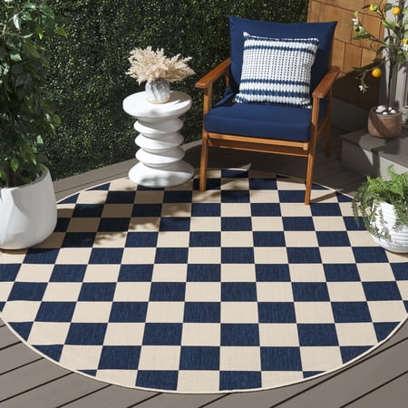Safavieh Courtyard Talbot Checkered Indoor/Outdoor Area Rug, Navy/Beige, 6'7" x 6'7" Round