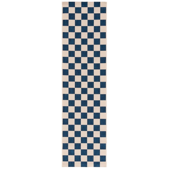 SAFAVIEH Courtyard Talbot Checkered Indoor/Outdoor Runner Rug, Navy/Beige, 2'3" x 6'7"