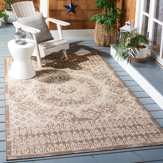 SAFAVIEH Courtyard Tangier Faded Aztec Indoor/Outdoor Area Rug, 5'3" x 7'7", Beige/Mocha