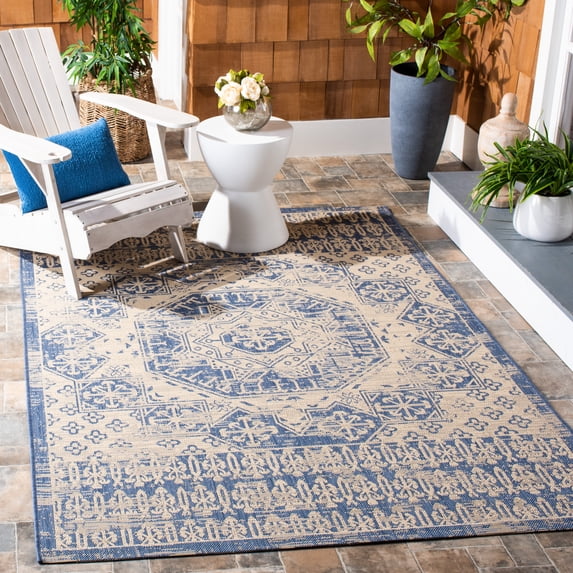 SAFAVIEH Courtyard Tangier Faded Aztec Indoor/Outdoor Area Rug, 6'7" x 9'6", Beige/Blue