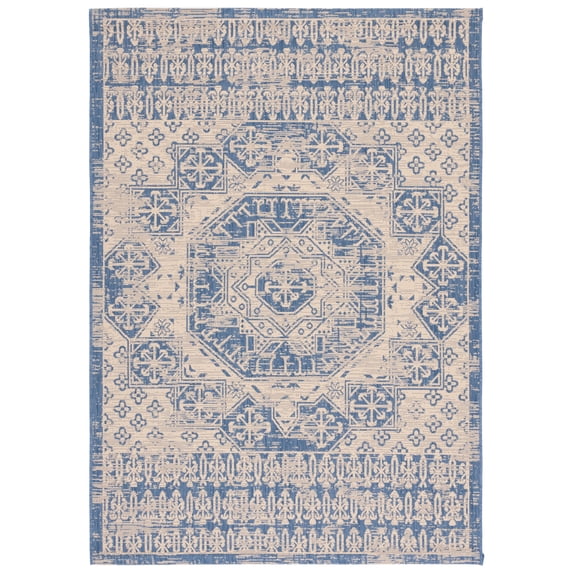 SAFAVIEH Courtyard Tangier Faded Aztec Indoor/Outdoor Area Rug, 6'7" x 9'6", Beige/Blue
