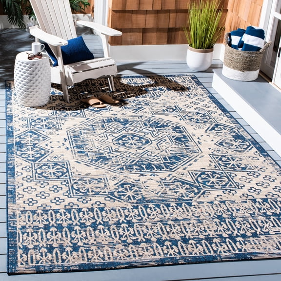 SAFAVIEH Courtyard Tangier Faded Aztec Indoor/Outdoor Area Rug, 6'7" x 9'6", Beige/Navy