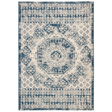 SAFAVIEH Courtyard Tangier Medallion Indoor/Outdoor Area Rug, Beige/Navy, 5'3" x 7'7"