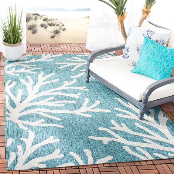 SAFAVIEH Courtyard Tecon Corals Indoor/Outdoor Area Rug, Blue/Grey, 5'3" x 7'6"