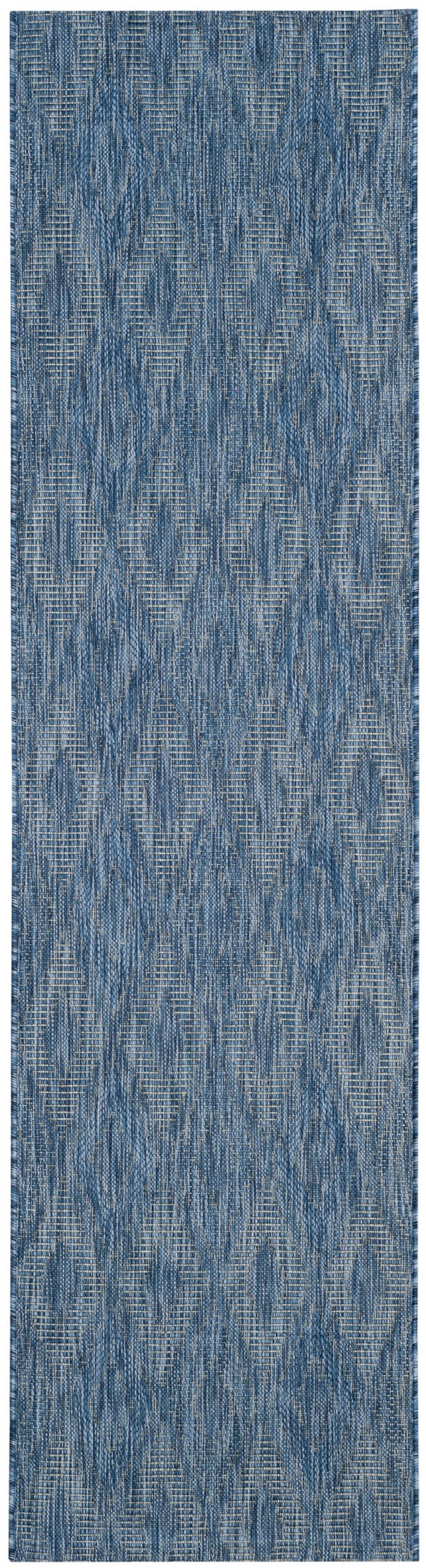 Blue Geometric Low Pile Outdoor Runner Rug
