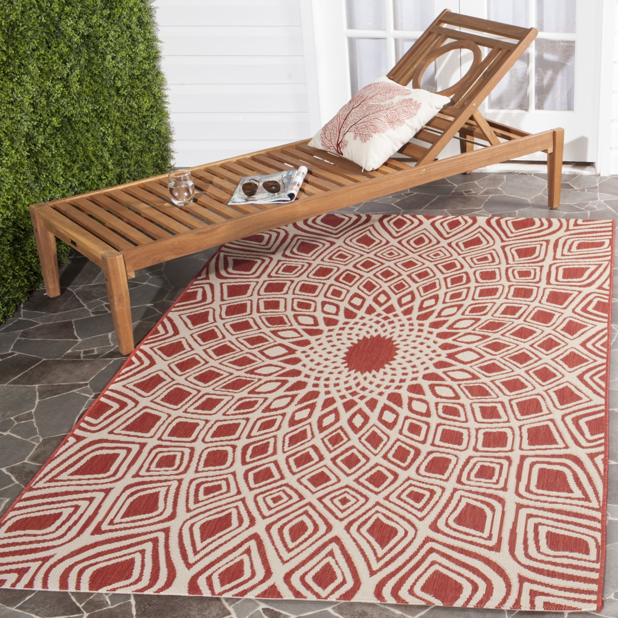 Red and Beige Synthetic Easy Care Runner Rug, 27" x 8'