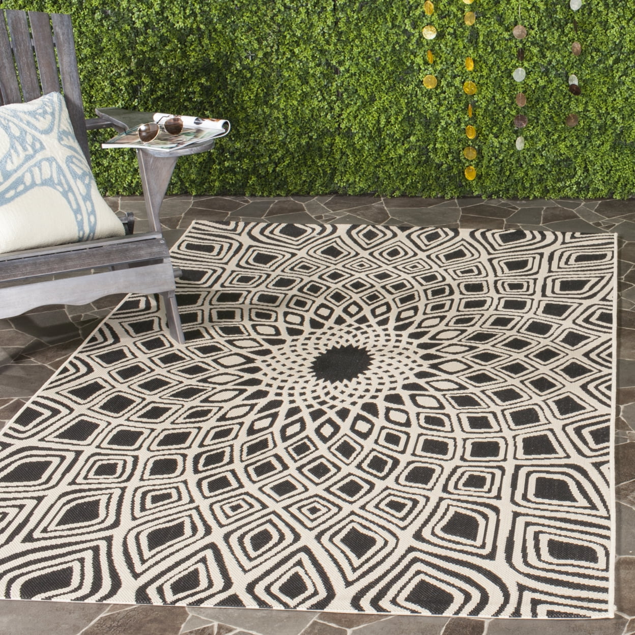 Black and Beige Rectangular Synthetic Indoor/Outdoor Area Rug