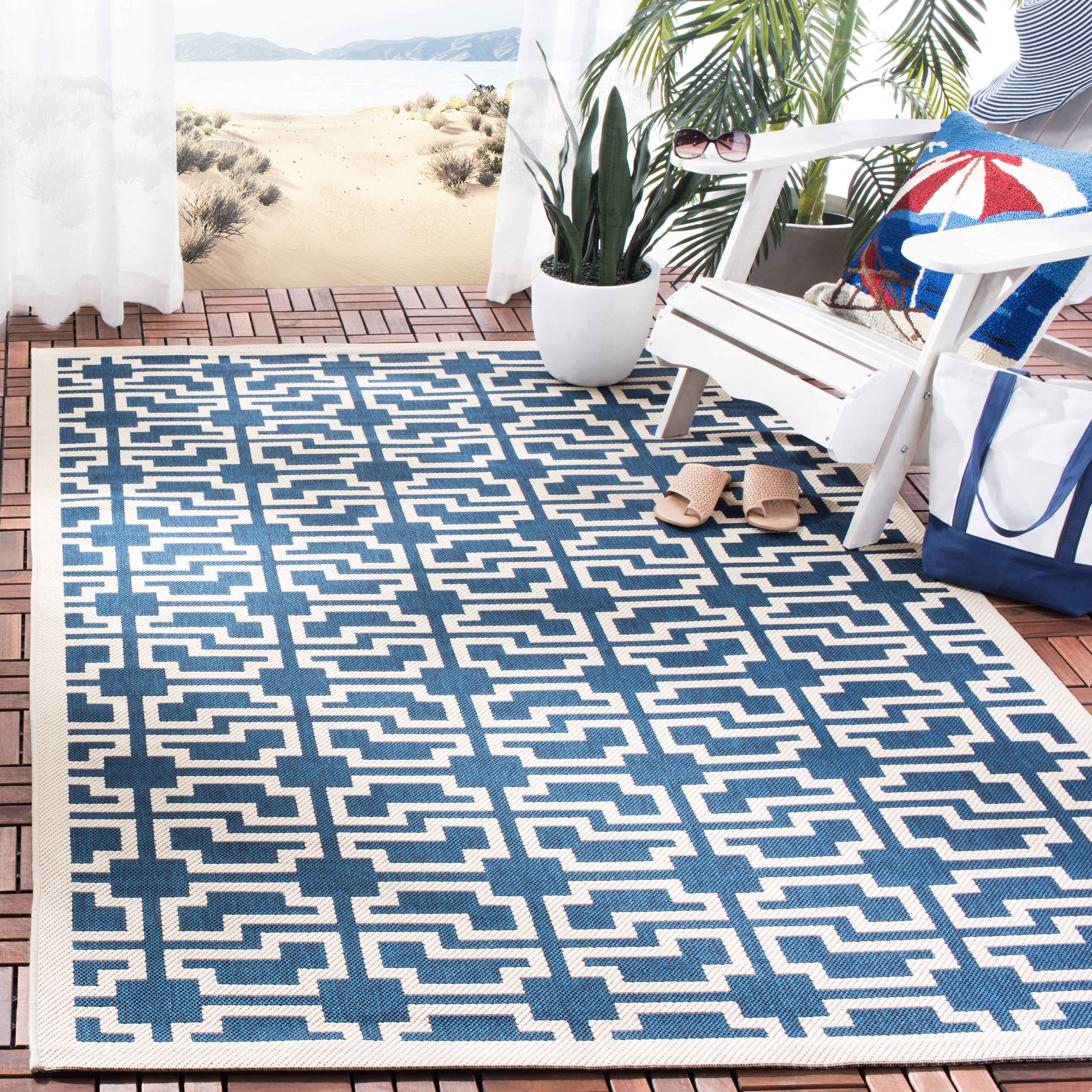 Safavieh Courtyard Thurstan Geometric Indoor/Outdoor Area Rug, Navy/Beige, 4' x 5'7"