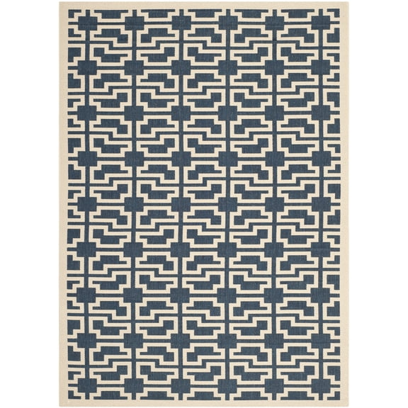 SAFAVIEH Courtyard Thurstan Geometric Indoor/Outdoor Area Rug, Navy/Beige, 6'7" x 9'6"