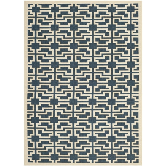 SAFAVIEH Courtyard Thurstan Geometric Indoor/Outdoor Area Rug, Navy/Beige, 6'7" x 9'6"