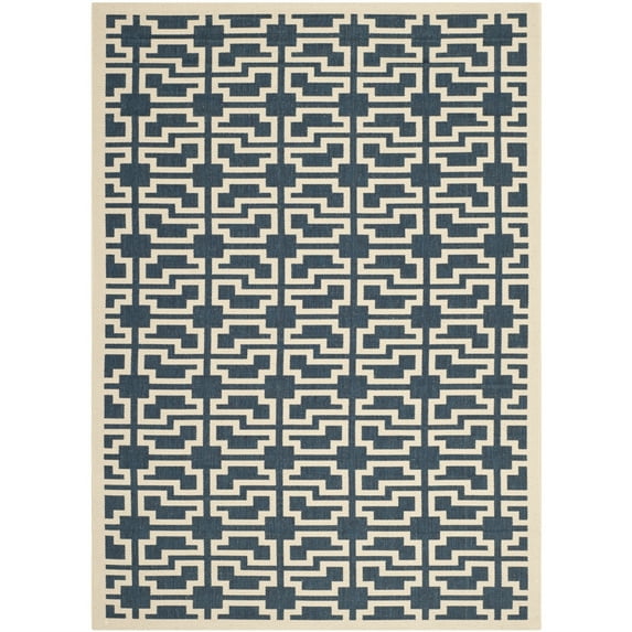SAFAVIEH Courtyard Thurstan Geometric Indoor/Outdoor Area Rug, Navy/Beige, 6'7" x 9'6"