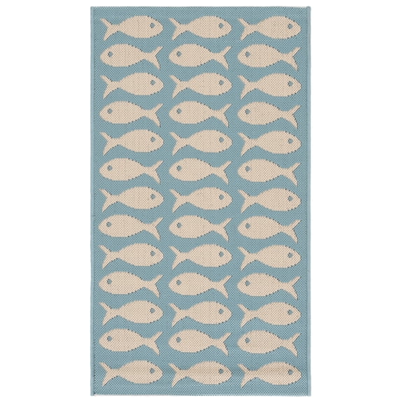 SAFAVIEH Courtyard Tranter Fishes Indoor/Outdoor Area Rug, Aqua/Beige, 2'7" x 5'