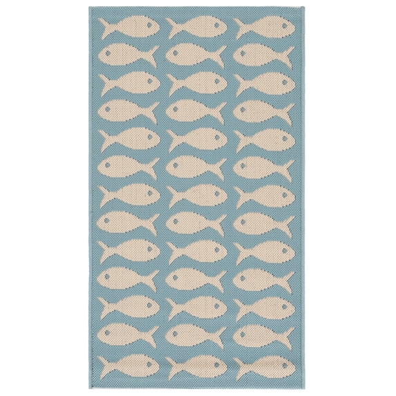 SAFAVIEH Courtyard Tranter Fishes Indoor/Outdoor Area Rug, Aqua/Beige, 2' x 3'7"