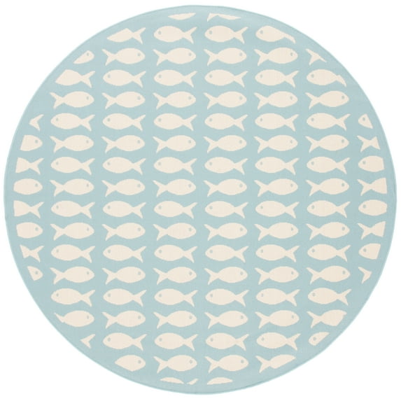 SAFAVIEH Courtyard Tranter Fishes Indoor/Outdoor Area Rug, Aqua/Beige, 4' x 4' Round