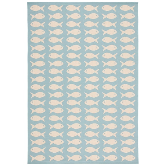 SAFAVIEH Courtyard Tranter Fishes Indoor/Outdoor Area Rug, Aqua/Beige, 4' x 5'7"