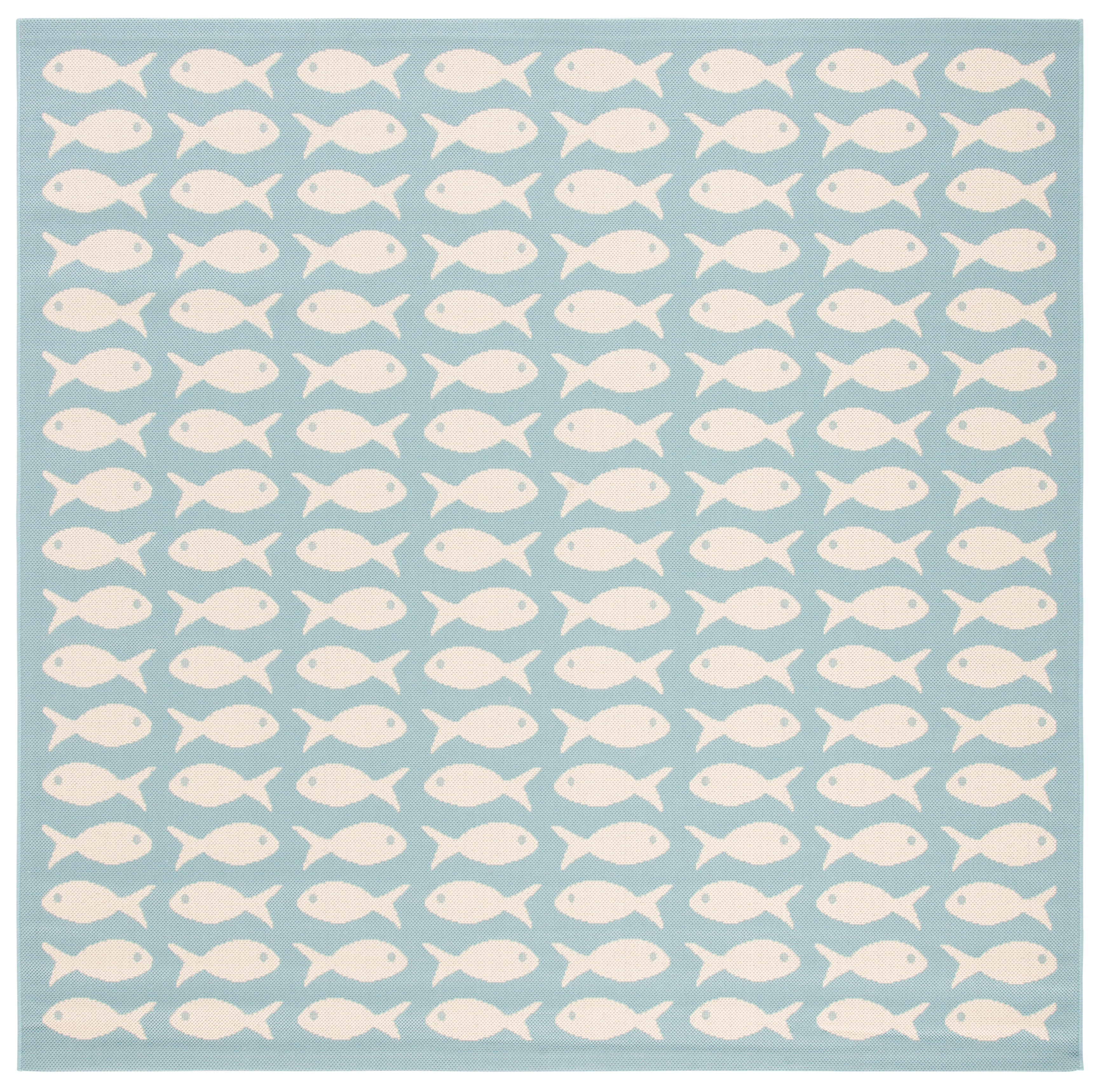 Aqua and Beige Fish Pattern Square Synthetic Rug