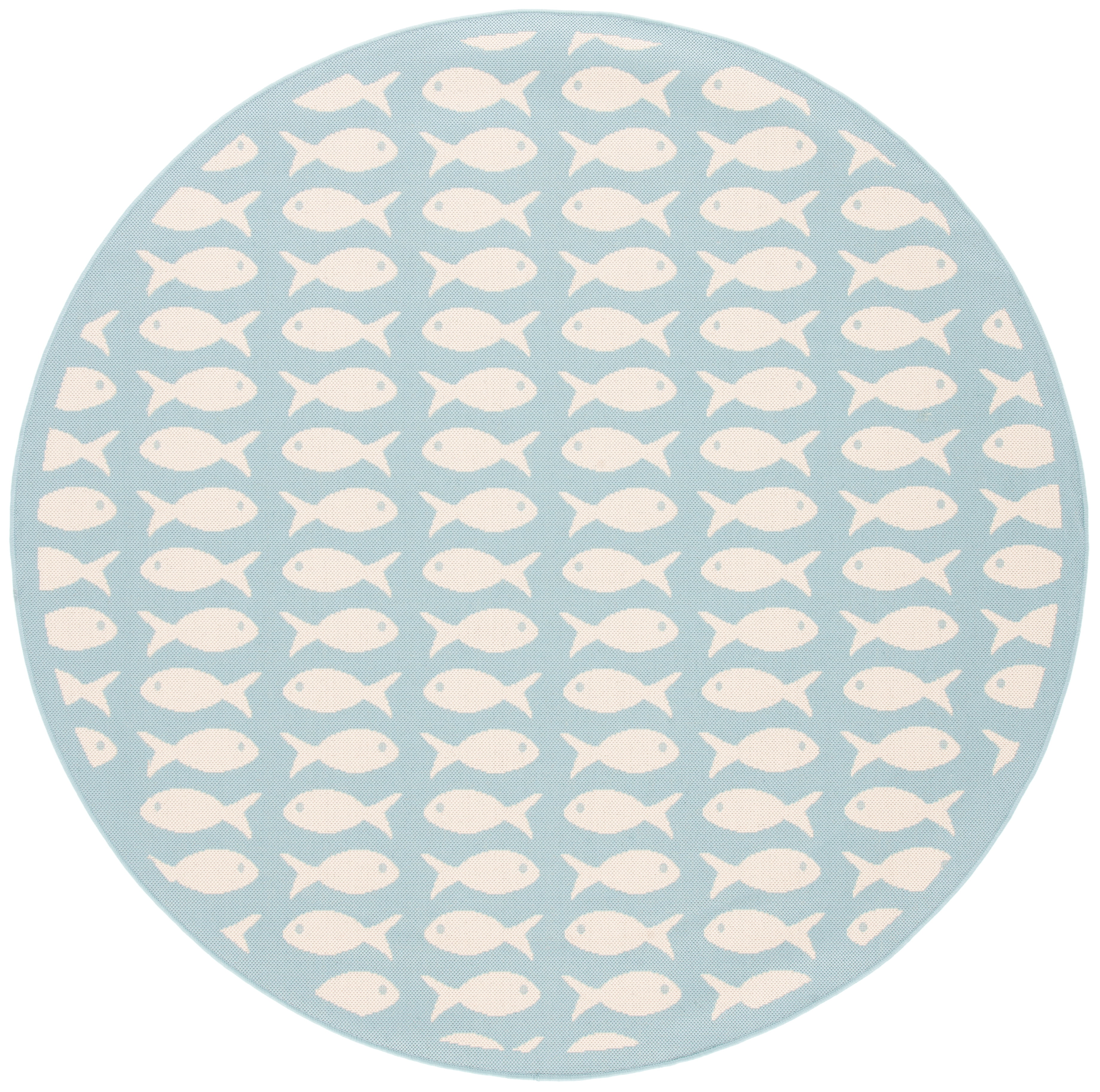 SAFAVIEH Courtyard Tranter Fishes Indoor/Outdoor Area Rug, Aqua/Beige, 6'7" x 6'7" Round