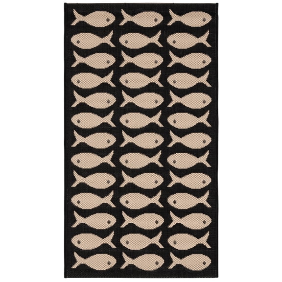 SAFAVIEH Courtyard Tranter Fishes Indoor/Outdoor Area Rug, Black/Beige, 2' x 3'7"