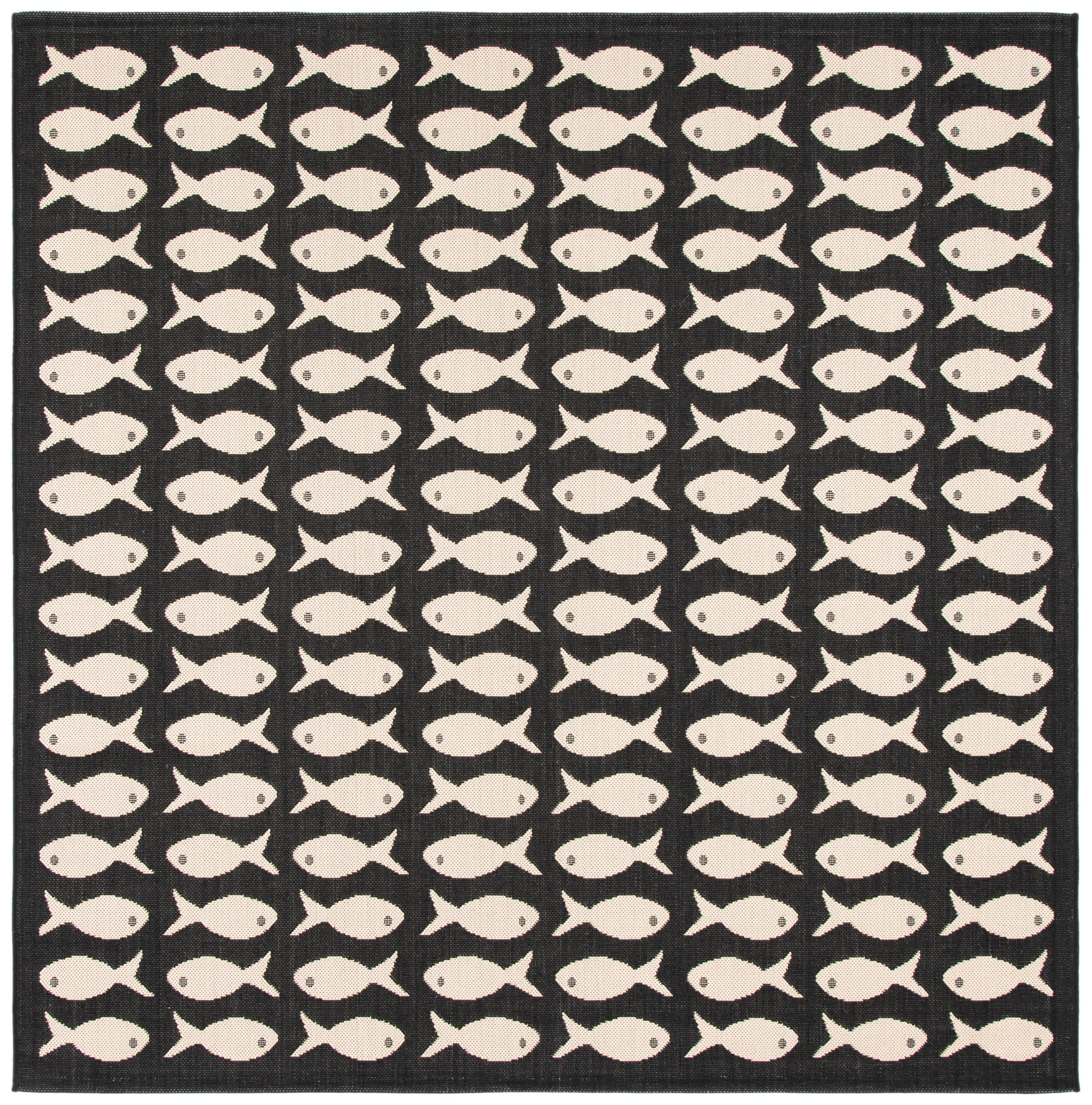 Tropical Coastal Square Rug 5'3" - Black & Beige, Synthetic, Non-Slip