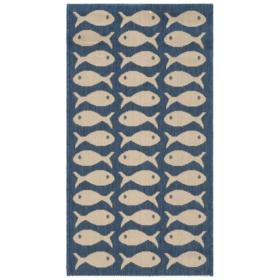SAFAVIEH Courtyard Tranter Fishes Indoor/Outdoor Area Rug, Blue/Beige, 2' x 3'7"