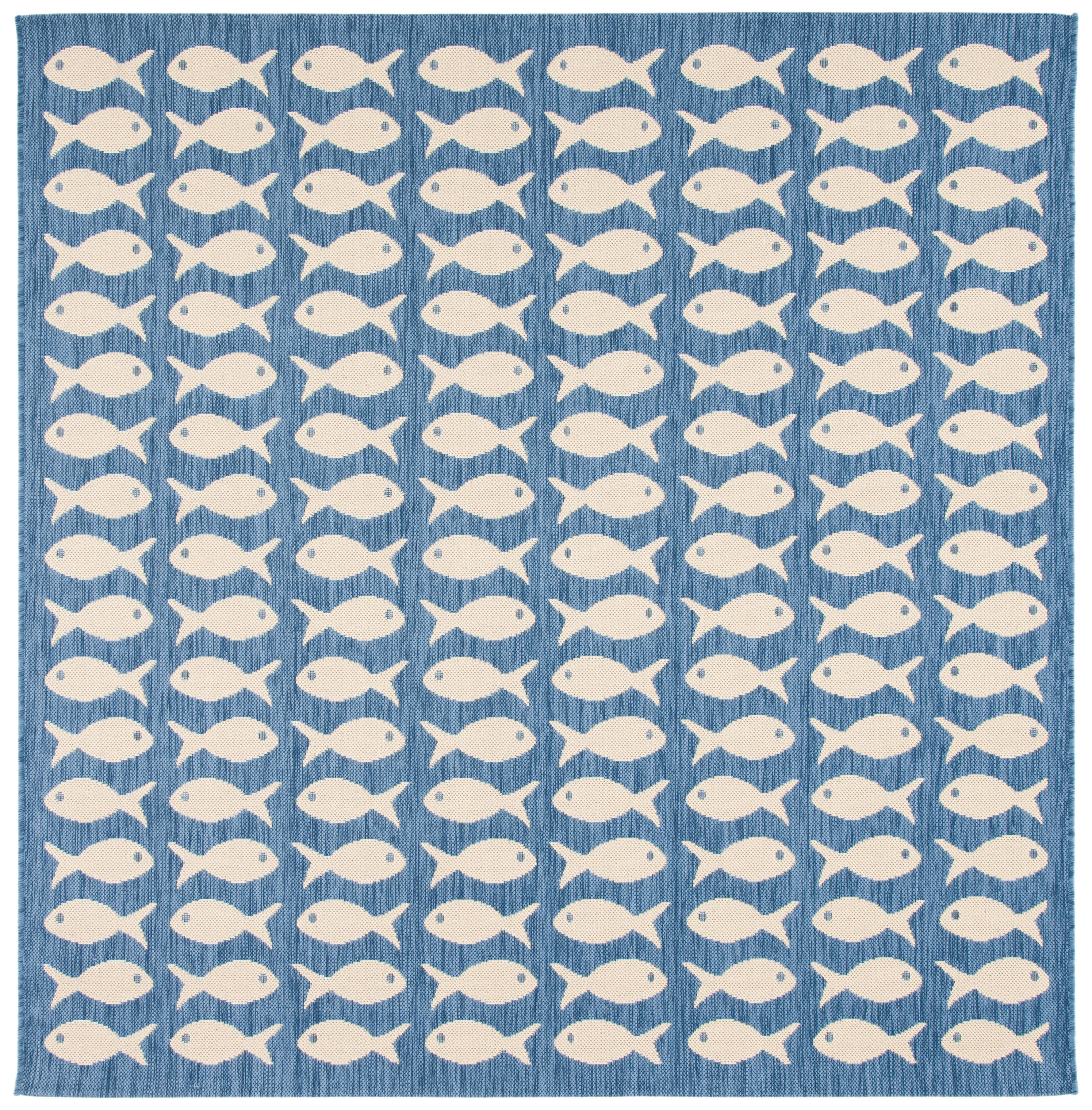 Blue and Beige Square Fish Pattern Indoor/Outdoor Rug