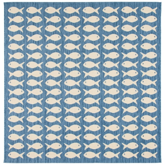 SAFAVIEH Courtyard Tranter Fishes Indoor/Outdoor Area Rug, Blue/Beige, 4' x 4' Square