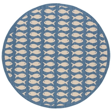 SAFAVIEH Courtyard Tranter Fishes Indoor/Outdoor Area Rug, Blue/Beige, 5'3" x 5'3" Round