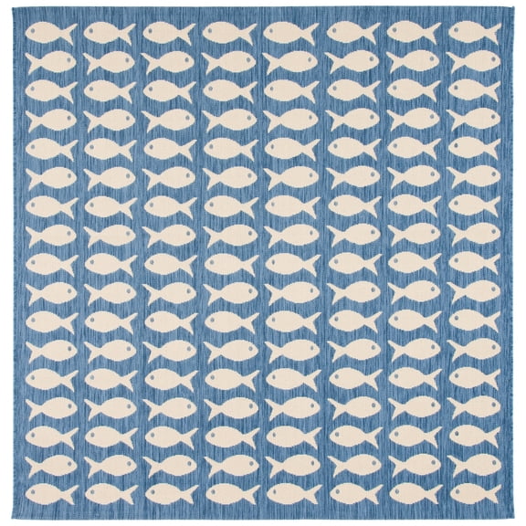 SAFAVIEH Courtyard Tranter Fishes Indoor/Outdoor Area Rug, Blue/Beige, 5'3" x 5'3" Square