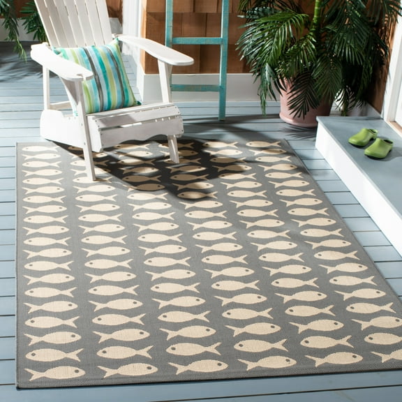 SAFAVIEH Courtyard Tranter Fishes Indoor/Outdoor Area Rug, Grey/Beige, 2' x 3'7"