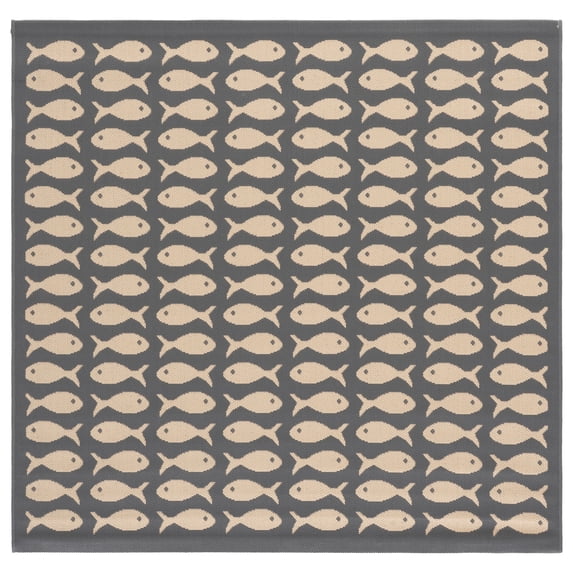 SAFAVIEH Courtyard Tranter Fishes Indoor/Outdoor Area Rug, Grey/Beige, 4' x 4' Square