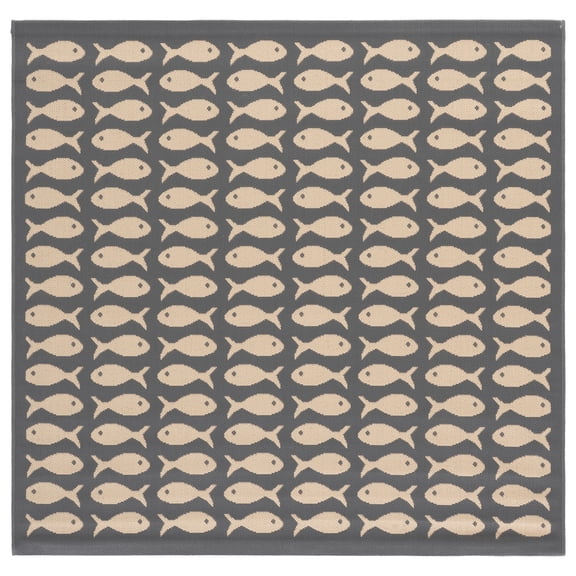 SAFAVIEH Courtyard Tranter Fishes Indoor/Outdoor Area Rug, Grey/Beige, 4' x 4' Square