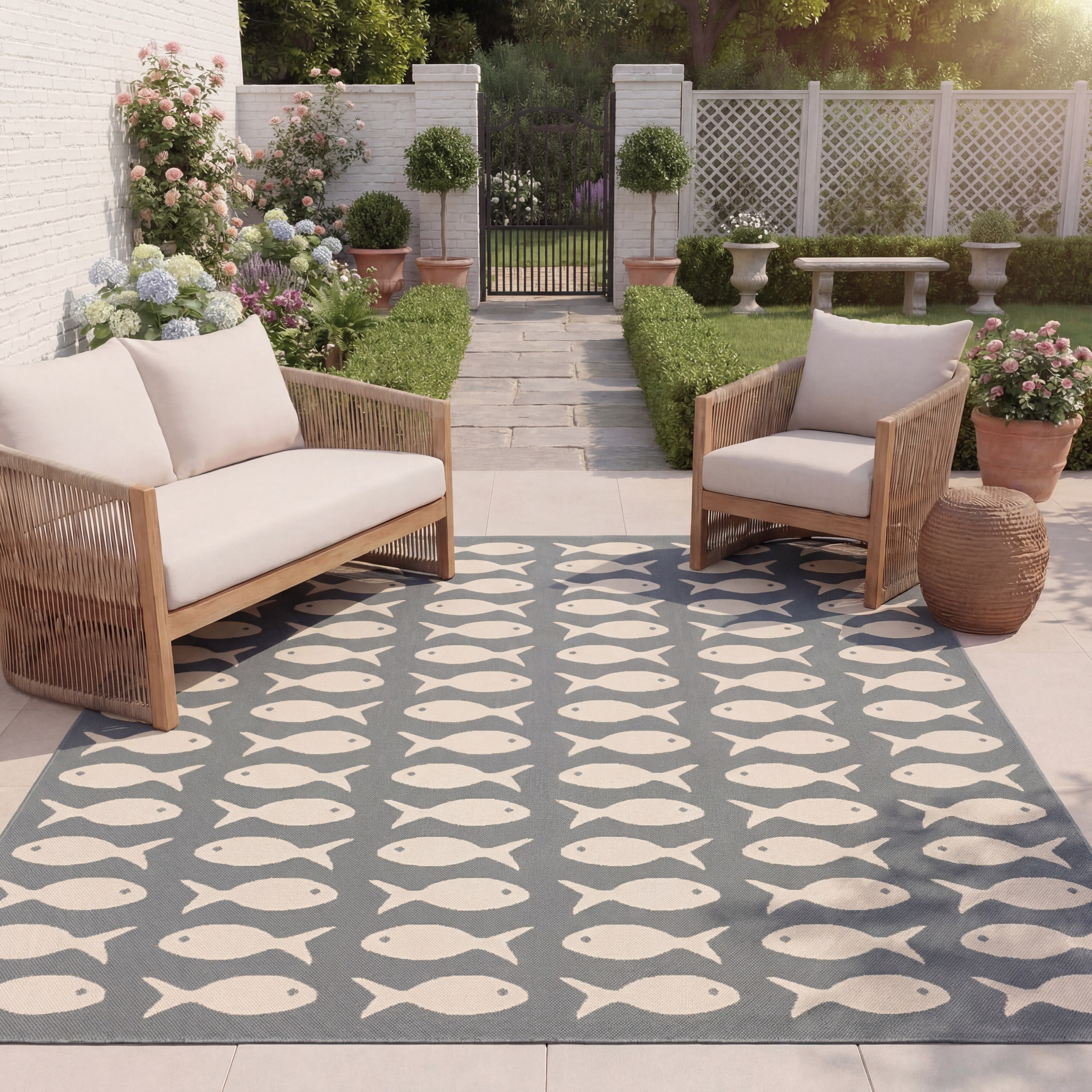 Safavieh Courtyard Tranter Fishes Indoor/Outdoor Area Rug, Gray/Beige, 5'3" x 7'7"