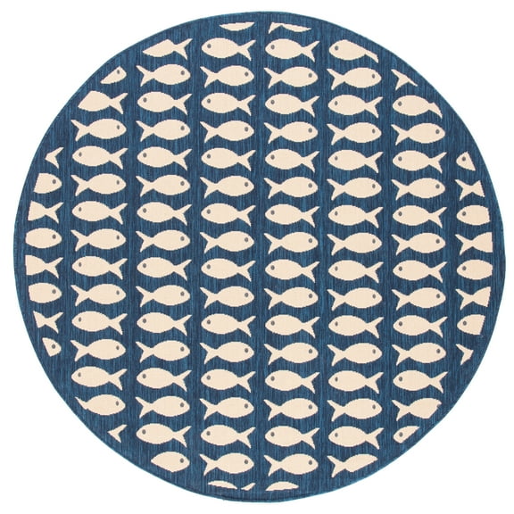 SAFAVIEH Courtyard Tranter Fishes Indoor/Outdoor Area Rug, Navy/Beige, 5'3" x 5'3" Round