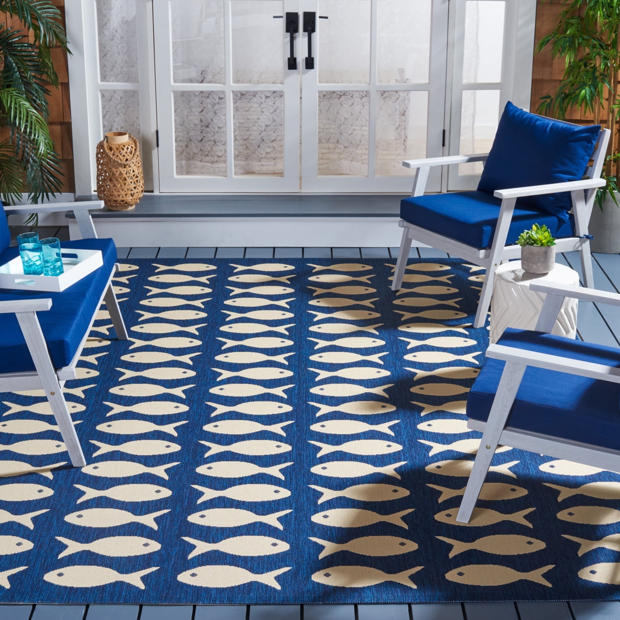Navy and Beige Synthetic 5' x 7' Easy-Care Outdoor Area Rug