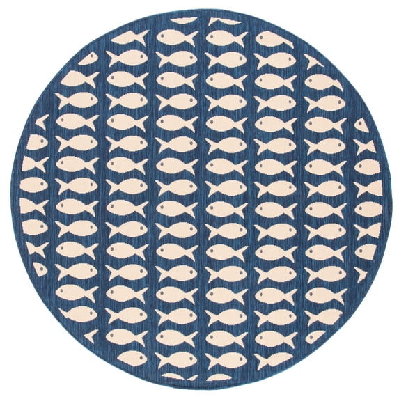 SAFAVIEH Courtyard Tranter Fishes Indoor/Outdoor Area Rug, Navy/Beige, 6'7" x 6'7" Round