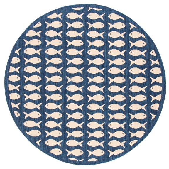 SAFAVIEH Courtyard Tranter Fishes Indoor/Outdoor Area Rug, Navy/Beige, 6'7" x 6'7" Round