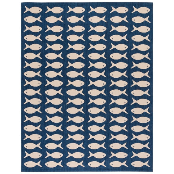 SAFAVIEH Courtyard Tranter Fishes Indoor/Outdoor Area Rug, Navy/Beige, 8' x 11'
